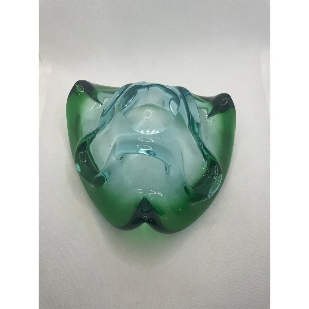 Studio Art Glass Dish Bowl Green Blue Clear Smooth Bottom 8